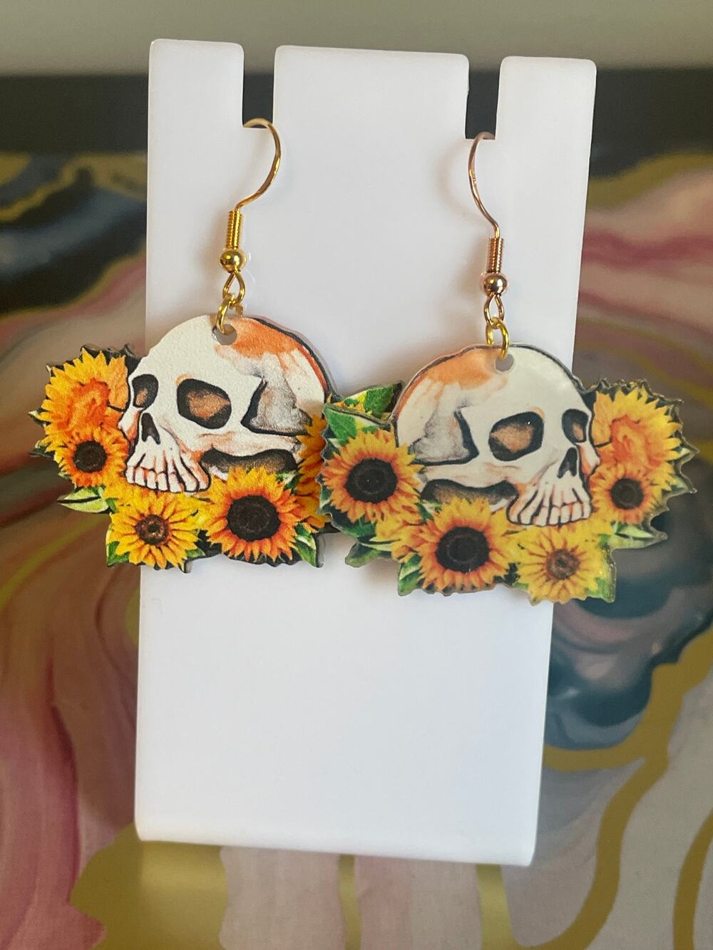 Skeleton hand and sun flower gothic earrings 925 sterling silver